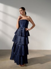 Navy Blue Bandeau Pleated Maxi Occasion Dress - Image 1 of 5