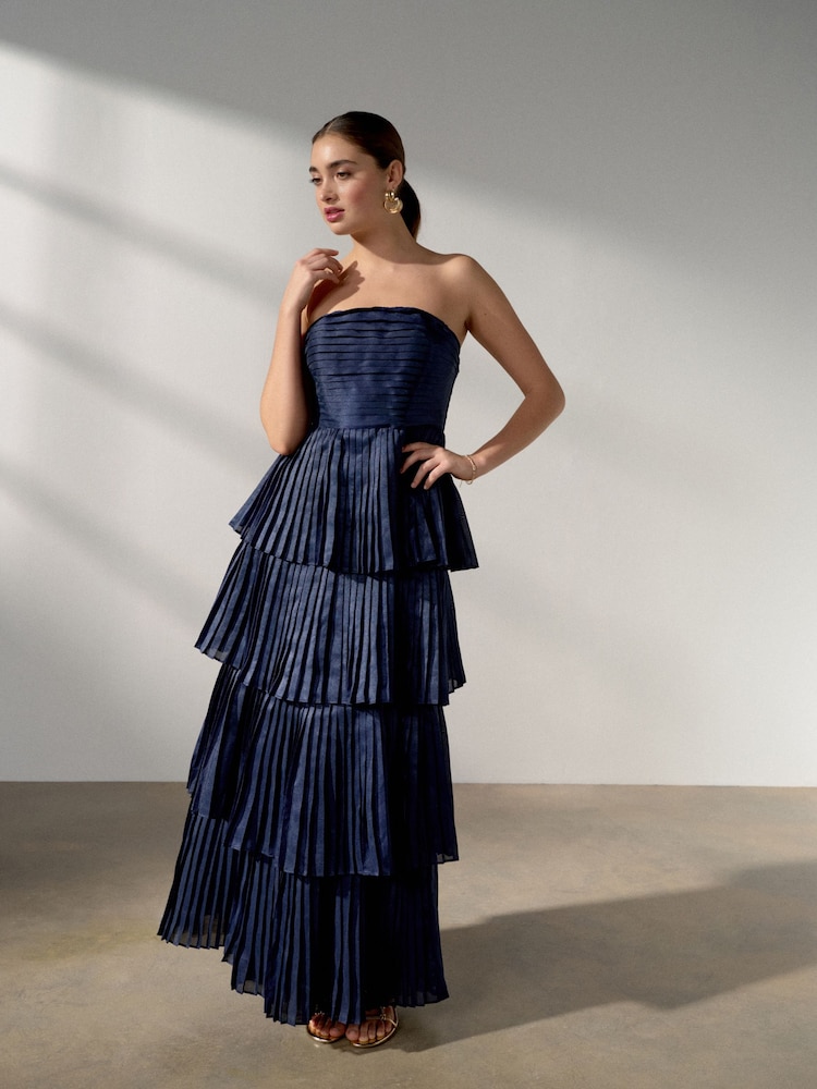 Navy Blue Bandeau Pleated Maxi Occasion Dress - Image 1 of 5