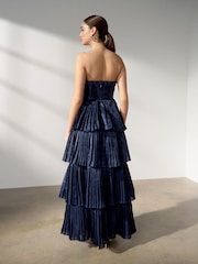 Navy Blue Bandeau Pleated Maxi Occasion Dress - Image 2 of 5