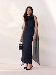 Marineblau/blau - Tabitha Simmons Satin-Kleid für besondere Anlässe mit Schal-Detail - Bild 1 von 6