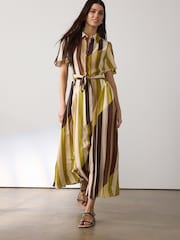 Neutral and Green Stripe Short Sleeve Midi Cinched Hip Shirt Dress - Image 1 of 7