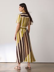 Neutral and Green Stripe Short Sleeve Midi Cinched Hip Shirt Dress - Image 2 of 7