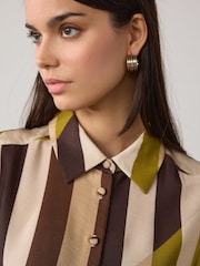 Neutral and Green Stripe Short Sleeve Midi Cinched Hip Shirt Dress - Image 3 of 7