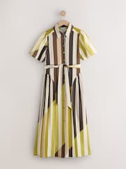 Neutral and Green Stripe Short Sleeve Midi Cinched Hip Shirt Dress - Image 5 of 7