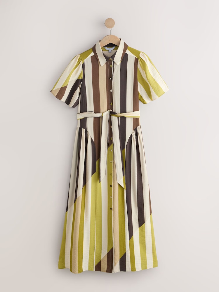 brown and green dress Buy Brown/Green Stripe Short Sleeve Midi Cinched Hip Shirt Dress from Next  USA