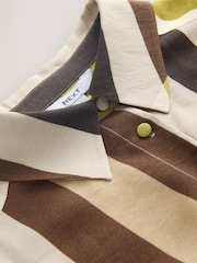 Neutral and Green Stripe Short Sleeve Midi Cinched Hip Shirt Dress - Image 6 of 7