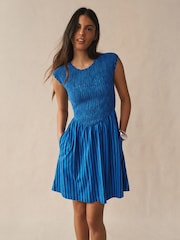 Blue Stripe Cap Sleeve Shirred Body Jersey Mini Dress - Image 1 of 7