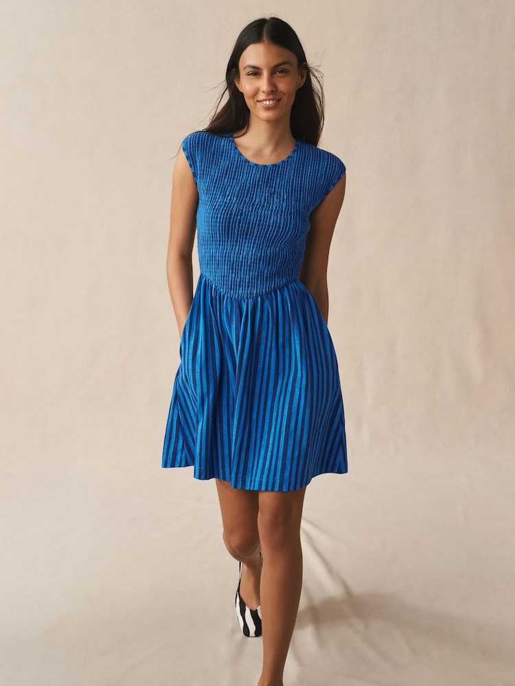 Blue Stripe Cap Sleeve Shirred Body Jersey Mini Dress - Image 2 of 7