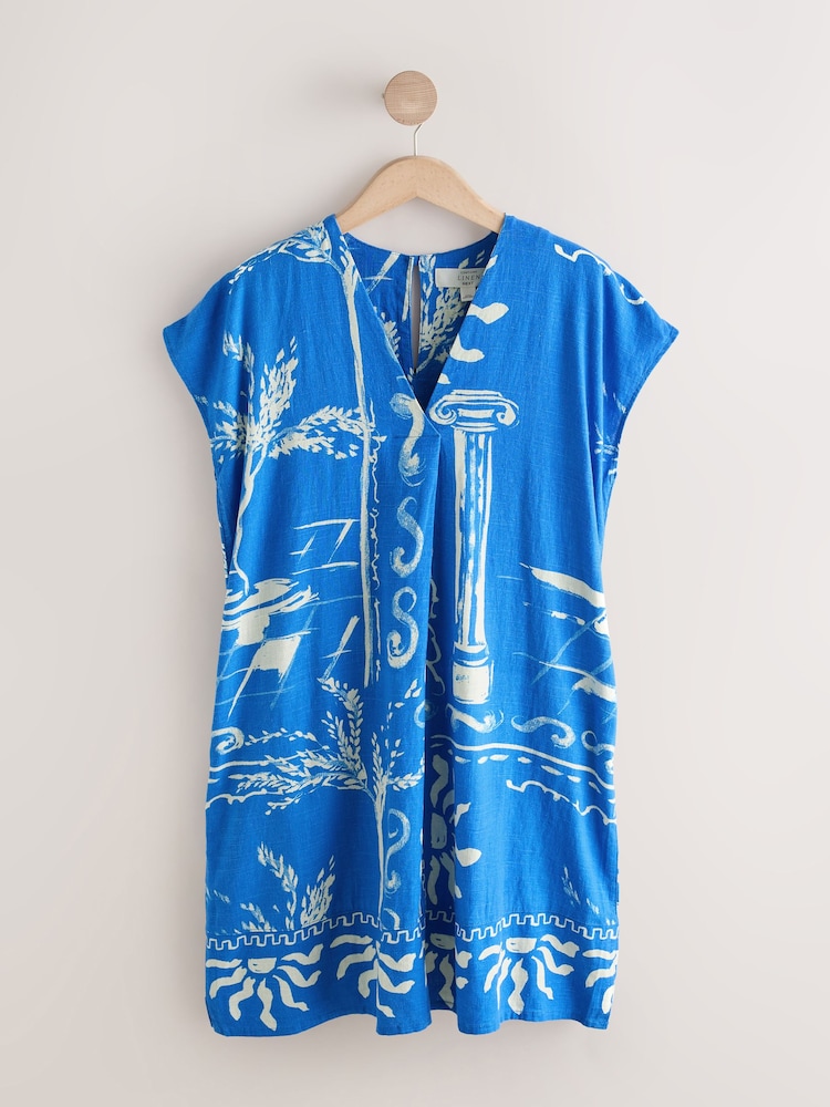 Blue and White Print Linen Blend Short Sleeve V-Neck Kaftan Mini Dress - Image 1 of 3