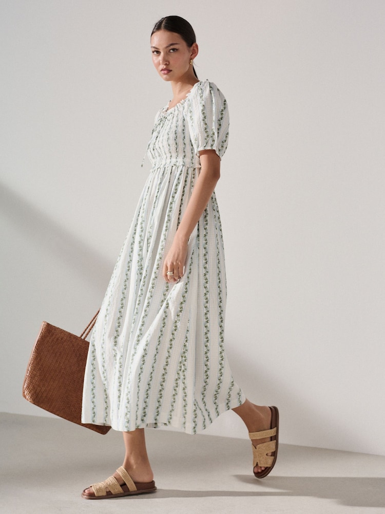 White/Blue Ditsy Floral Print Puff Sleeve Shirred Midi Dress - Image 1 of 7