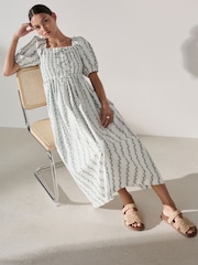 White/Blue Ditsy Floral Print Puff Sleeve Shirred Midi Dress - Image 2 of 7