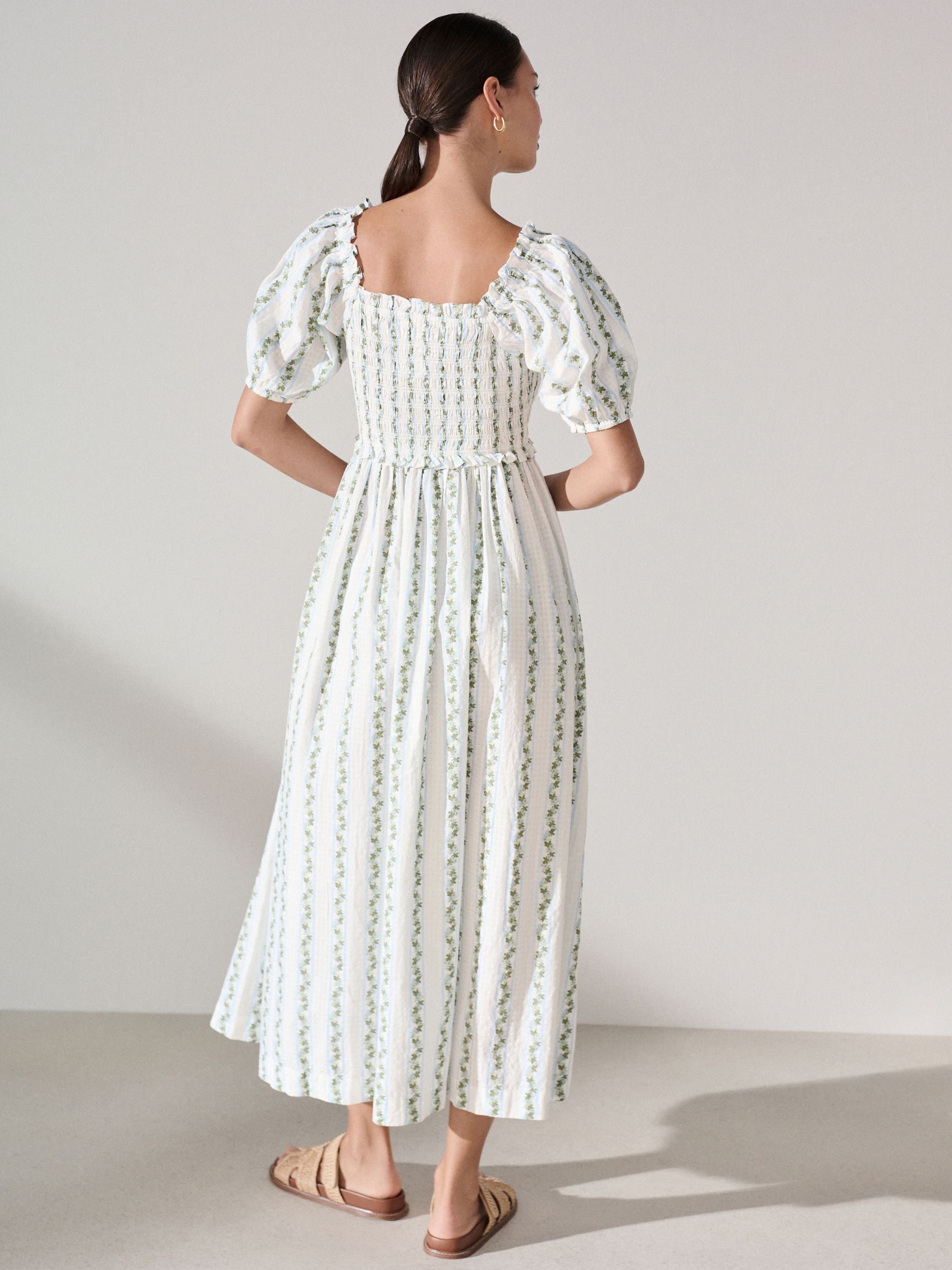 Buy White/Blue Ditsy Floral Print Puff Sleeve Shirred Midi Dress