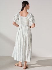 White/Blue Ditsy Floral Print Puff Sleeve Shirred Midi Dress - Image 3 of 7