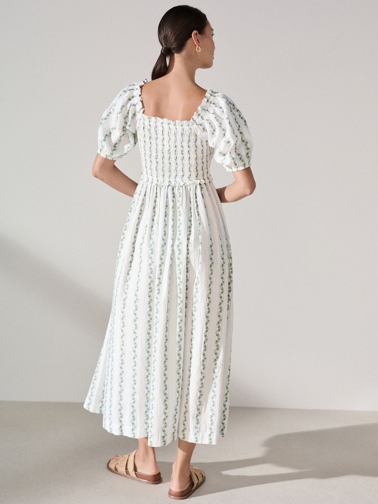Buy White/Blue Ditsy Floral Print Puff Sleeve Shirred Midi Dress from Next USA Buy White/Blue Ditsy Floral Print Puff Sleeve Shirred Midi Dress from Next USA