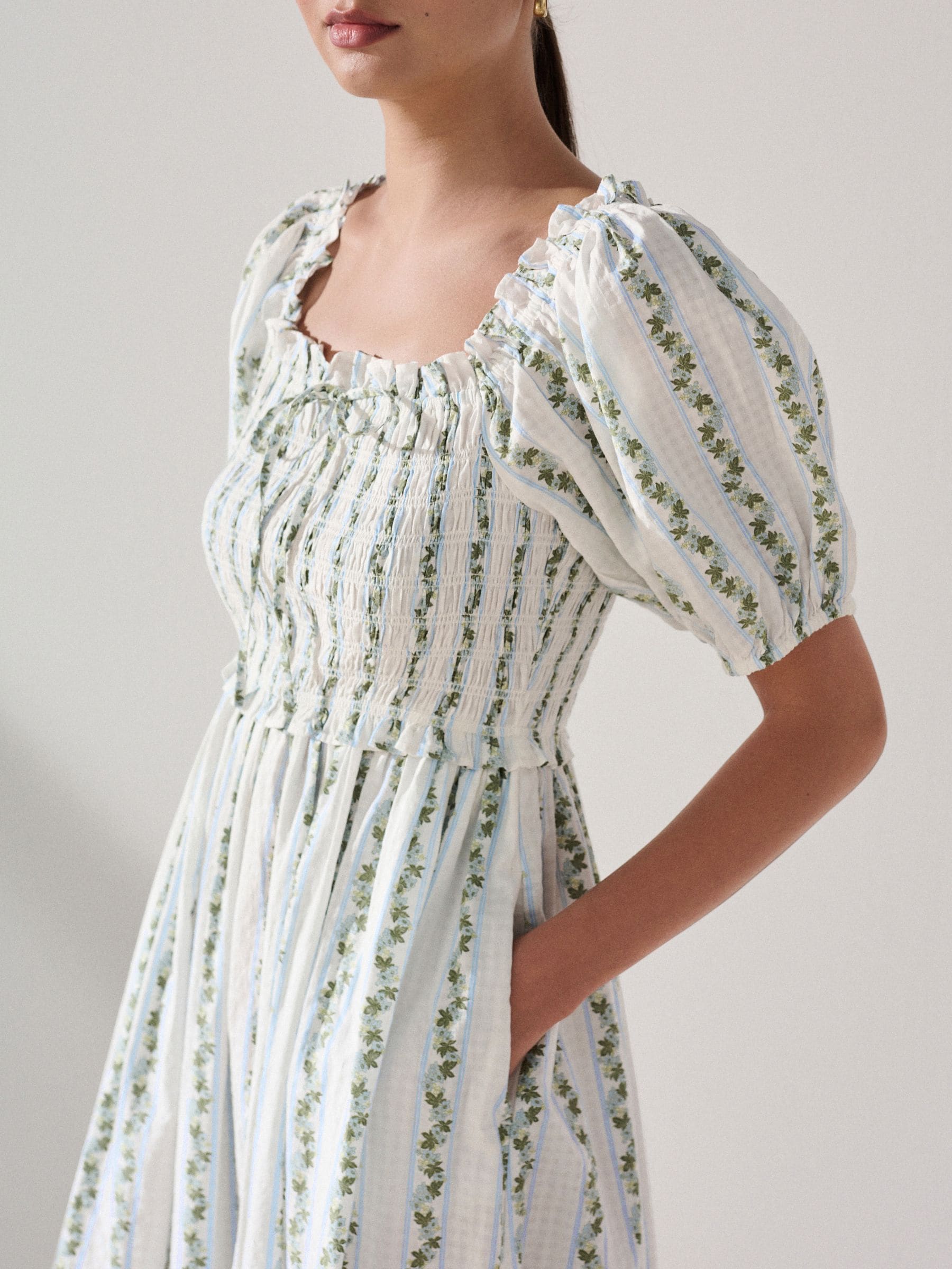 Buy White/Blue Ditsy Floral Print Puff Sleeve Shirred Midi Dress
