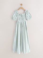 White/Blue Ditsy Floral Print Puff Sleeve Shirred Midi Dress - Image 5 of 7