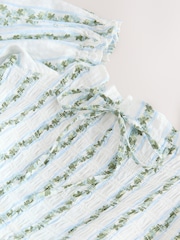 White/Blue Ditsy Floral Print Puff Sleeve Shirred Midi Dress - Image 6 of 7