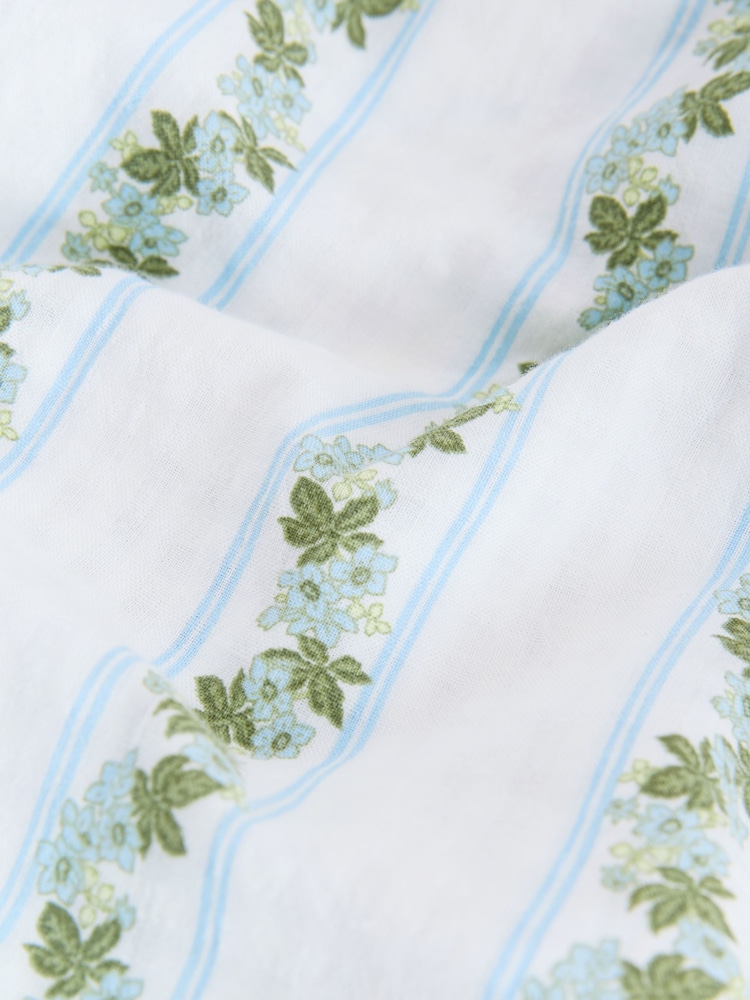 White/Blue Ditsy Floral Print Puff Sleeve Shirred Midi Dress - Image 7 of 7