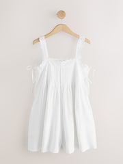 White Sleeveless Lace Trim Playsuit with Linen - Image 1 of 3