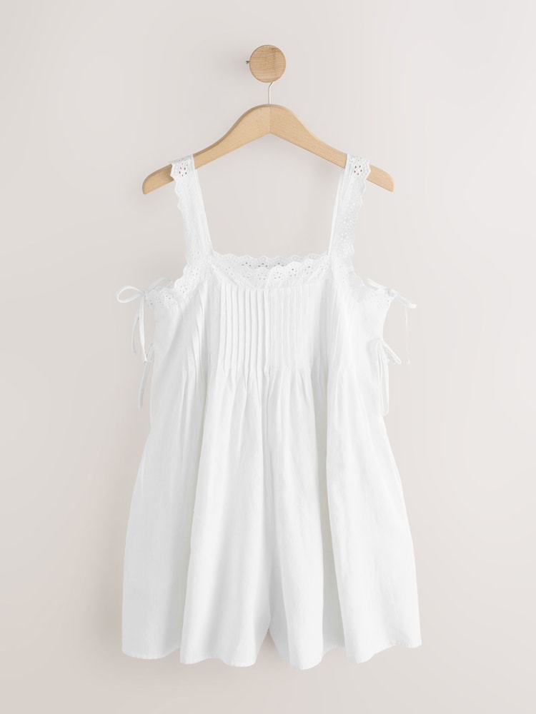 White Sleeveless Lace Trim Playsuit with Linen - Image 1 of 3 White Sleeveless Lace Trim Playsuit with Linen - Image 1 of 3