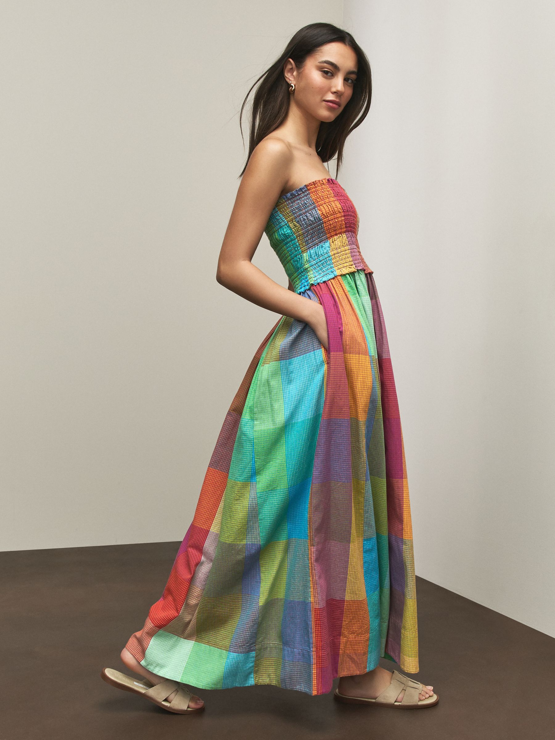 Multi Check Bandeau Shirred Body Midi Dress