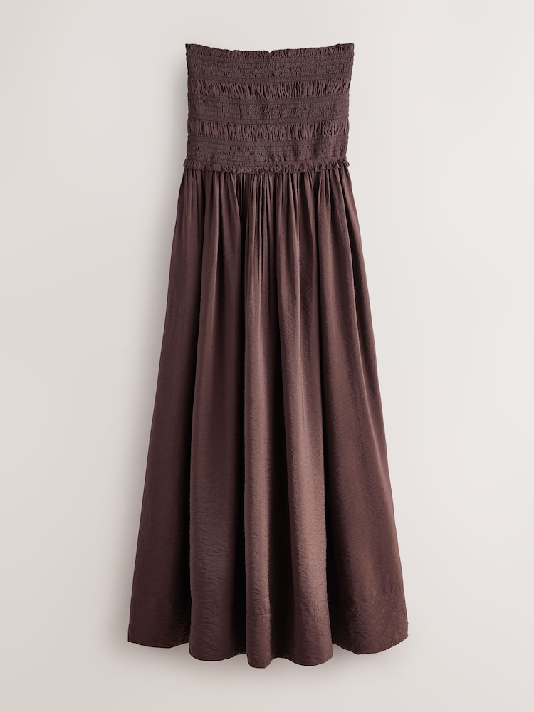 Chocolate Brown Bandeau Shirred Body Midi Dress - Image 1 of 3