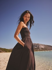 Chocolate Brown Bandeau Shirred Body Midi Dress - Image 4 of 8