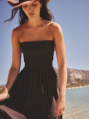 Chocolate Brown Bandeau Shirred Body Midi Dress - Image 5 of 8