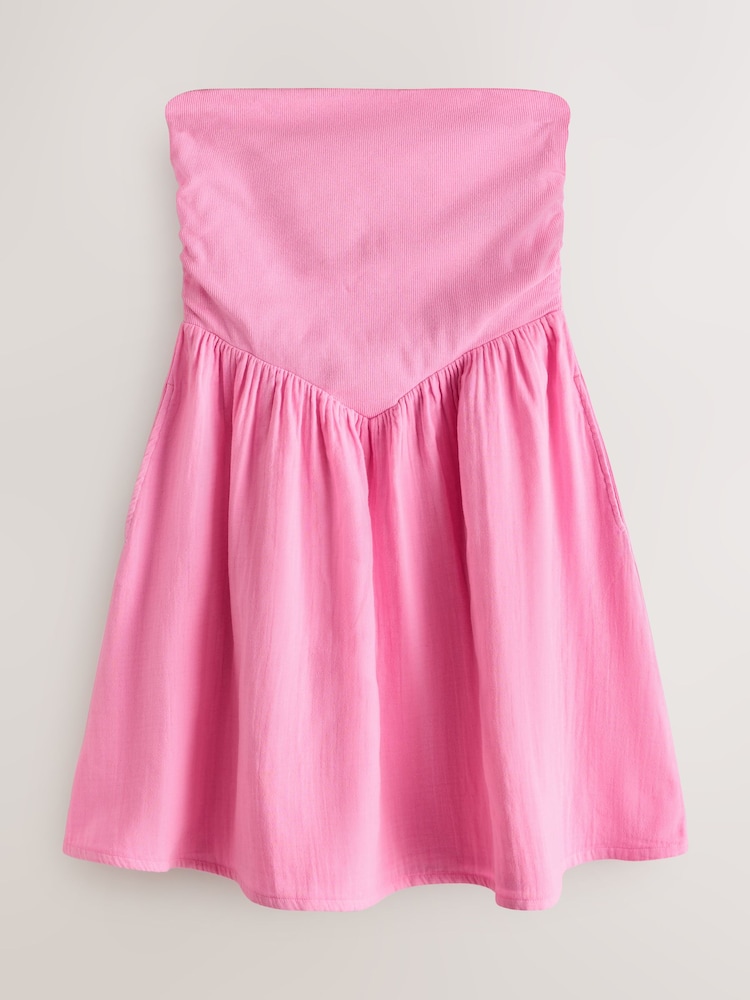 Fluro Pink Bandeau Jersey Woven Mix Mini Summer Dress - Image 1 of 3 Fluro Pink Bandeau Jersey Woven Mix Mini Summer Dress - Image 1 of 3