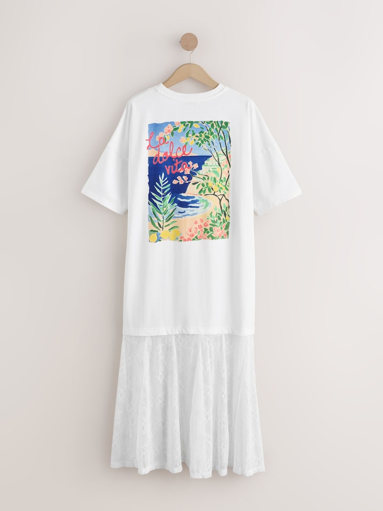 White La Dolce Vita Graphic 2 in1 Midi Lace T-Shirt Dress - Image 1 of 5