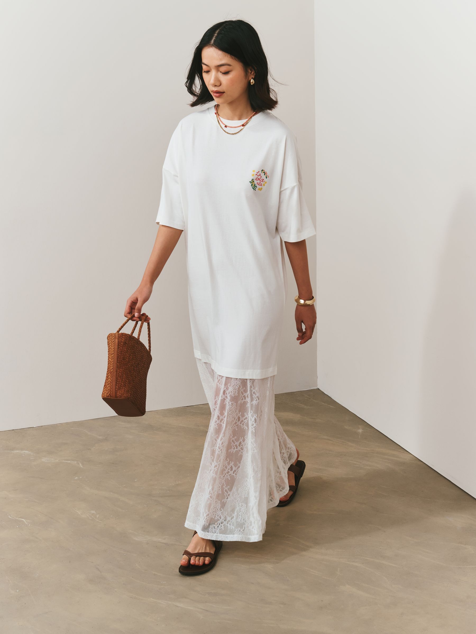 Buy White La Dolce Vita Graphic 2 in1 Midi Lace T-Shirt Dress from
