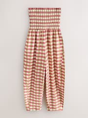 Pink Green Gingham Check Bandeau Shirred Body Barrel Leg Jumpsuit - Image 1 of 3