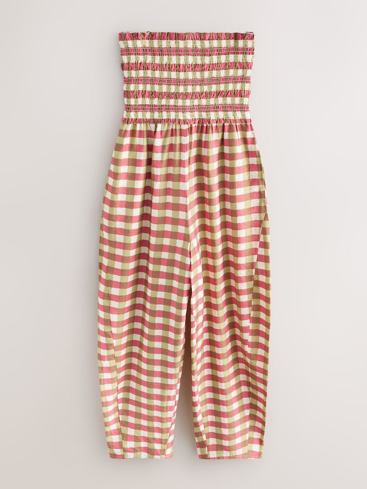 Pink Green Gingham Check Bandeau Shirred Body Barrel Leg Jumpsuit - Image 1 of 3