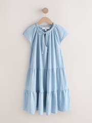 Chambray 蓝色 - V 领层叠迷你亚麻布连衣裙 - 3的图像1｝