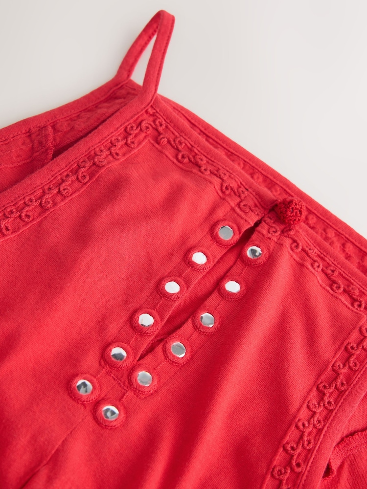 Red Square Neck Sleeveless Mirror Detail Mini Dress - Image 2 of 3