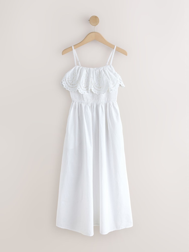 White Sleeveless Foldover Maxi Dress with Cutwork - Image 1 of 3