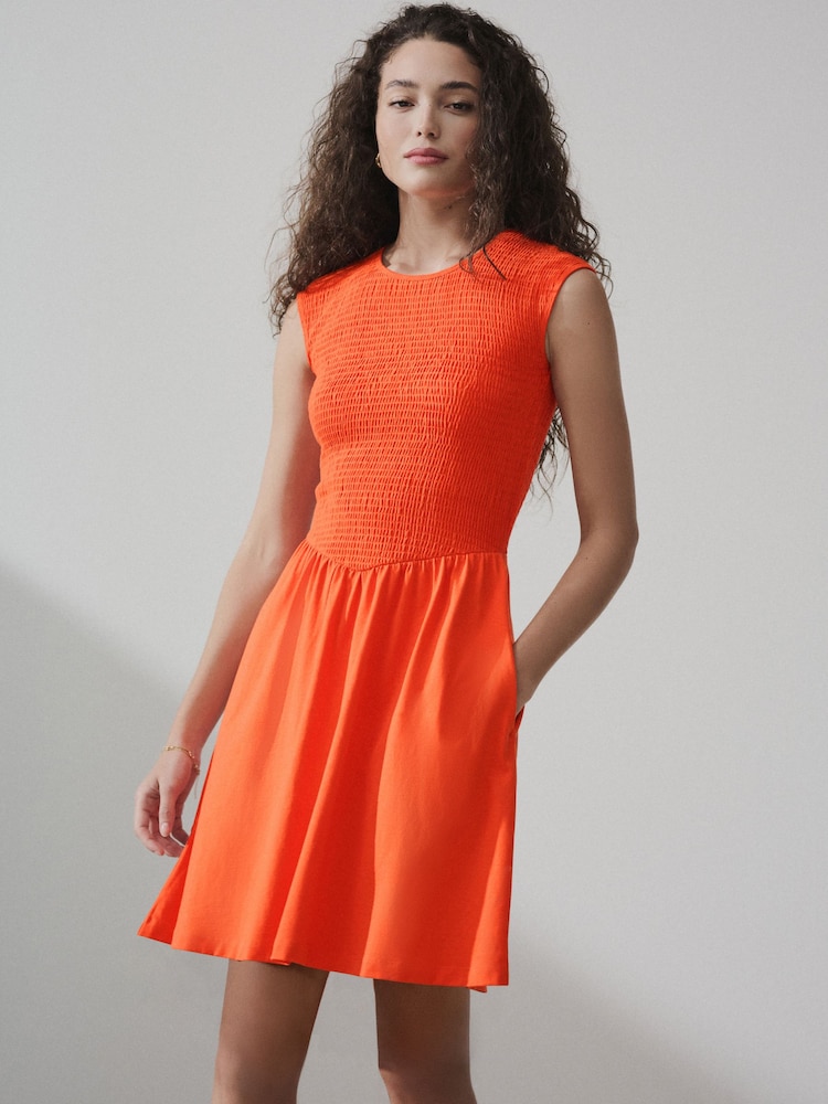 Orange - Cap Sleeve Shirred Body Jersey Mini Dress - Image 1 de 7