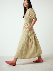 Green/Pink Gingham Puff Sleeve Shirred Midi Dress - Image 2 of 8