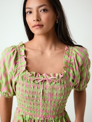 Green/Pink Gingham Puff Sleeve Shirred Midi Dress - Image 4 of 8