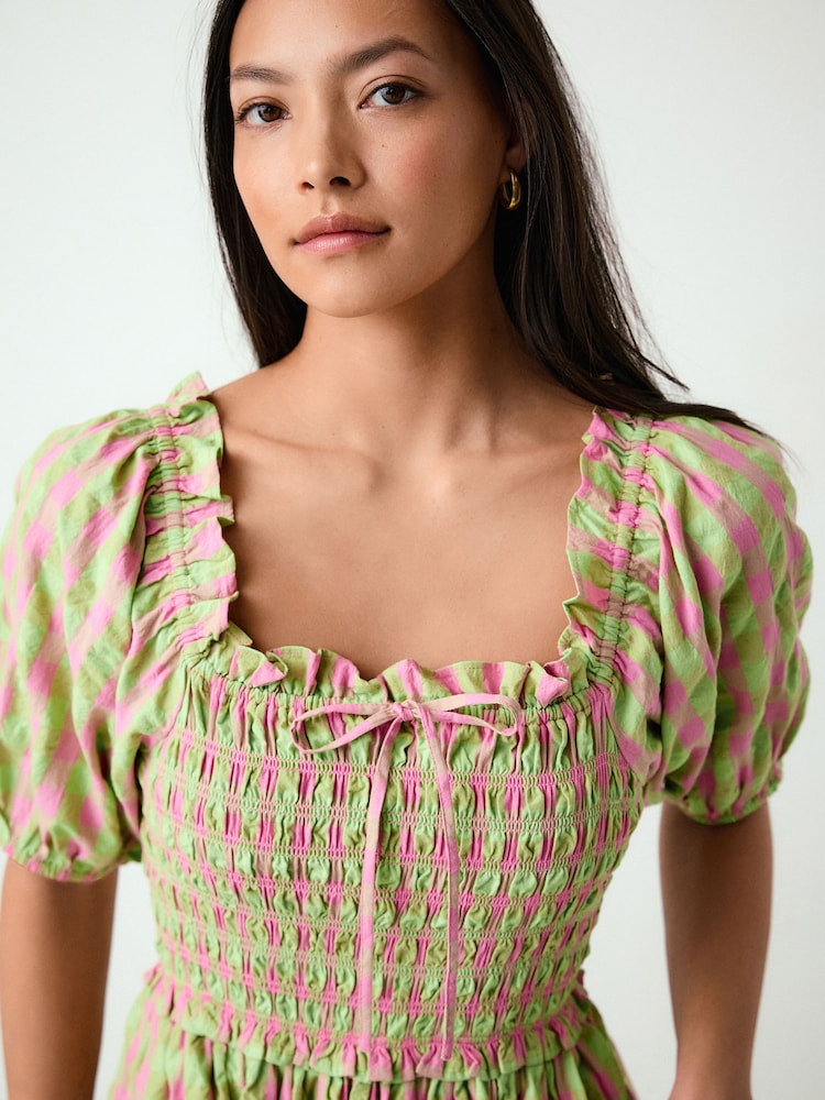 pink and green gingham dress Buy Green/Pink Gingham Puff Sleeve Shirred Midi Dress from Next USA