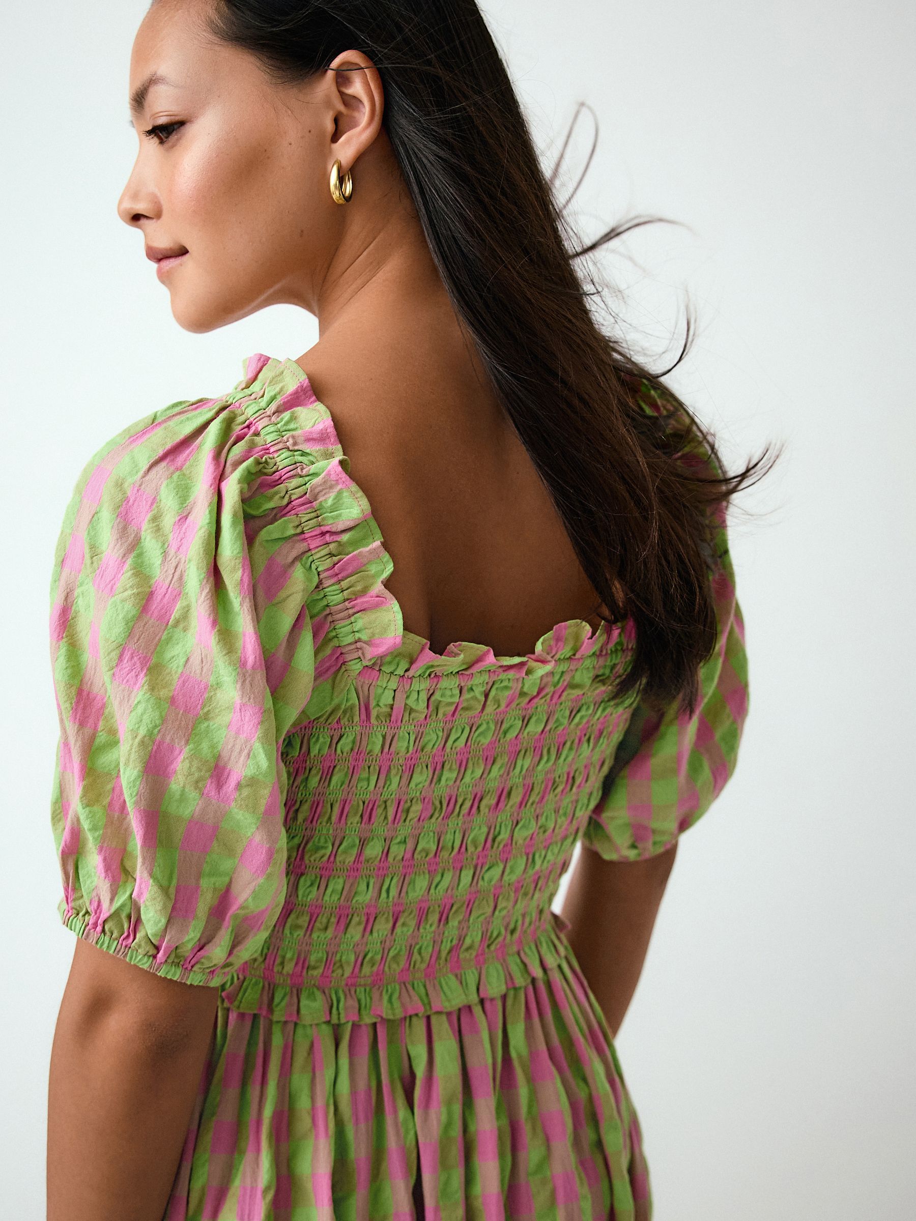 Buy Green/Pink Gingham Puff Sleeve Shirred Midi Dress from Next
