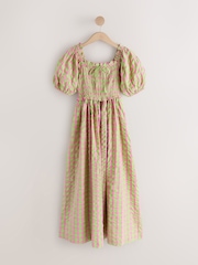 Green/Pink Gingham Puff Sleeve Shirred Midi Dress - Image 6 of 8