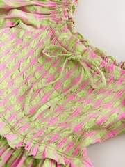 Green/Pink Gingham Puff Sleeve Shirred Midi Dress - Image 7 of 8