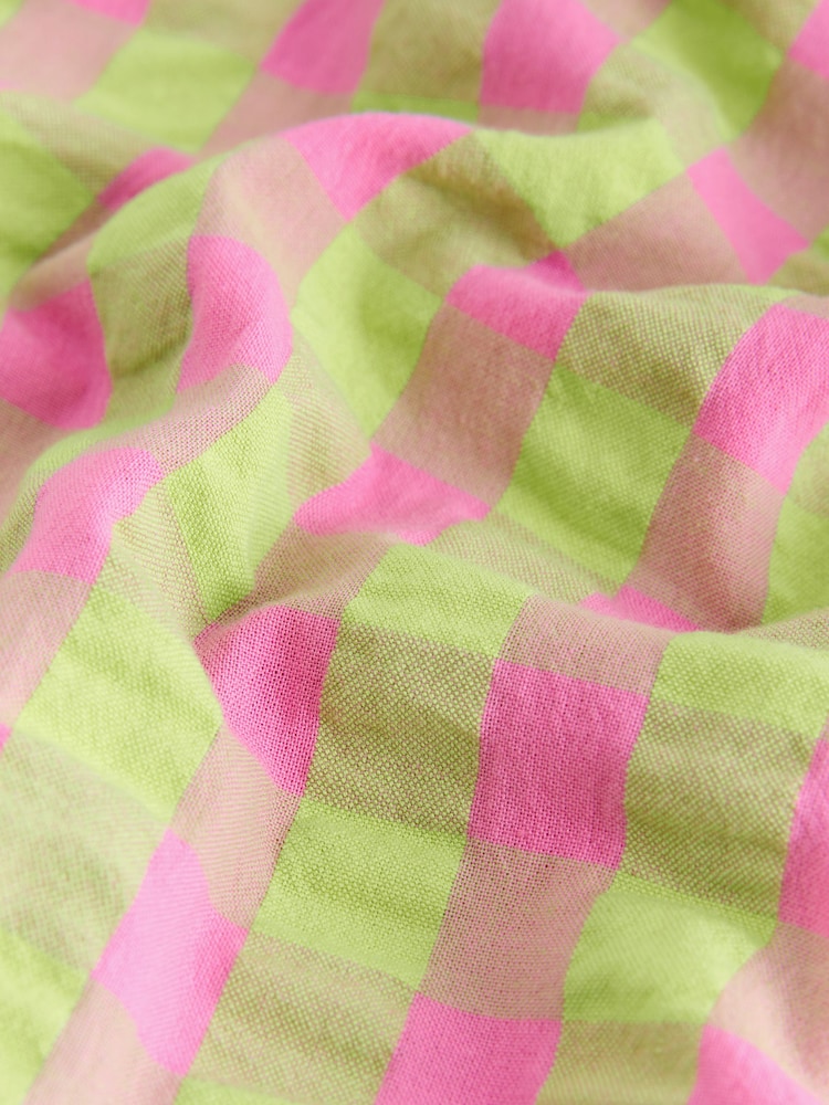 Green/Pink Gingham Puff Sleeve Shirred Midi Dress - Image 8 of 8