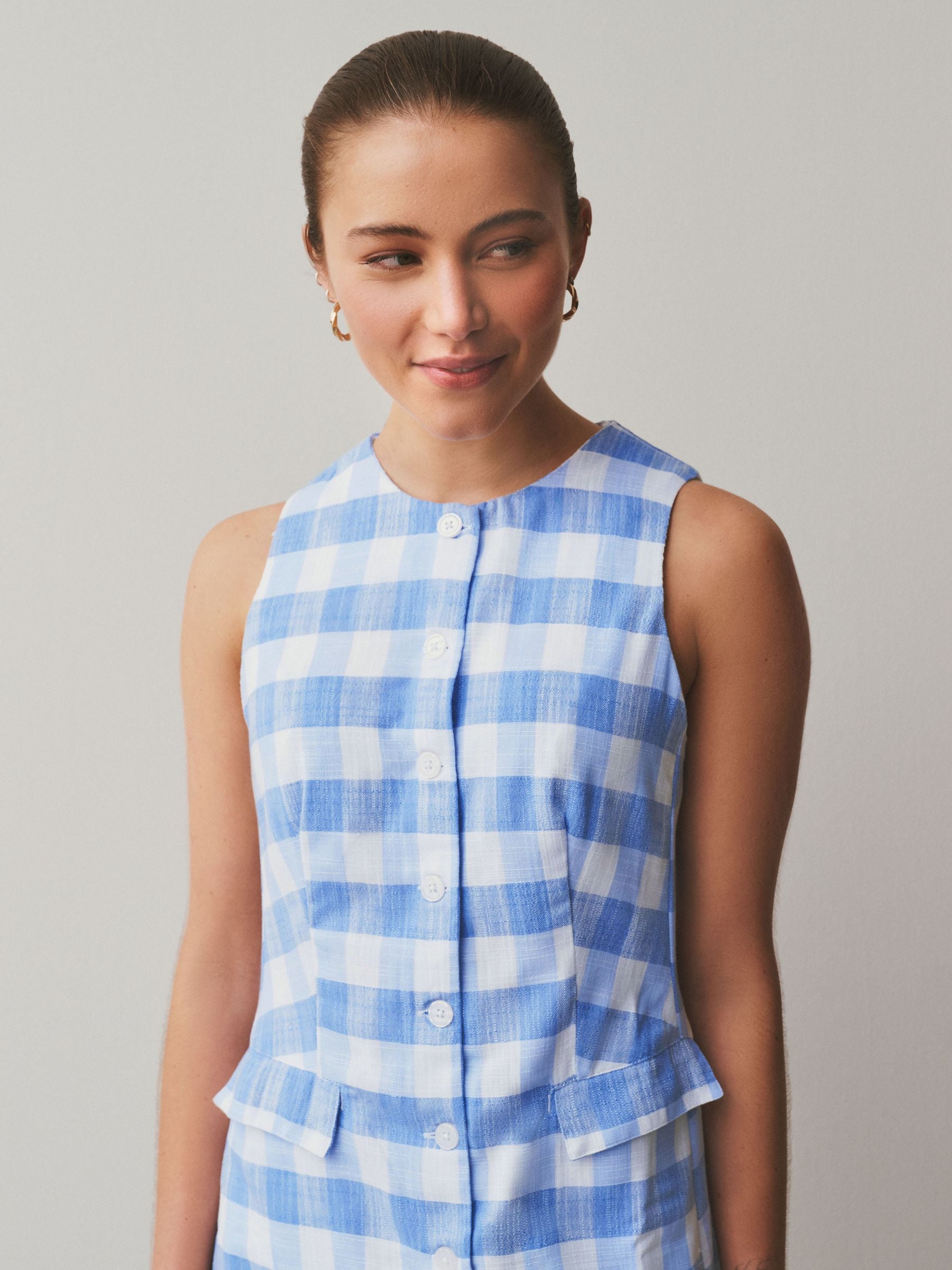 Buy Chambray Blue Gingham Check Sleeveless Waistcoat Button