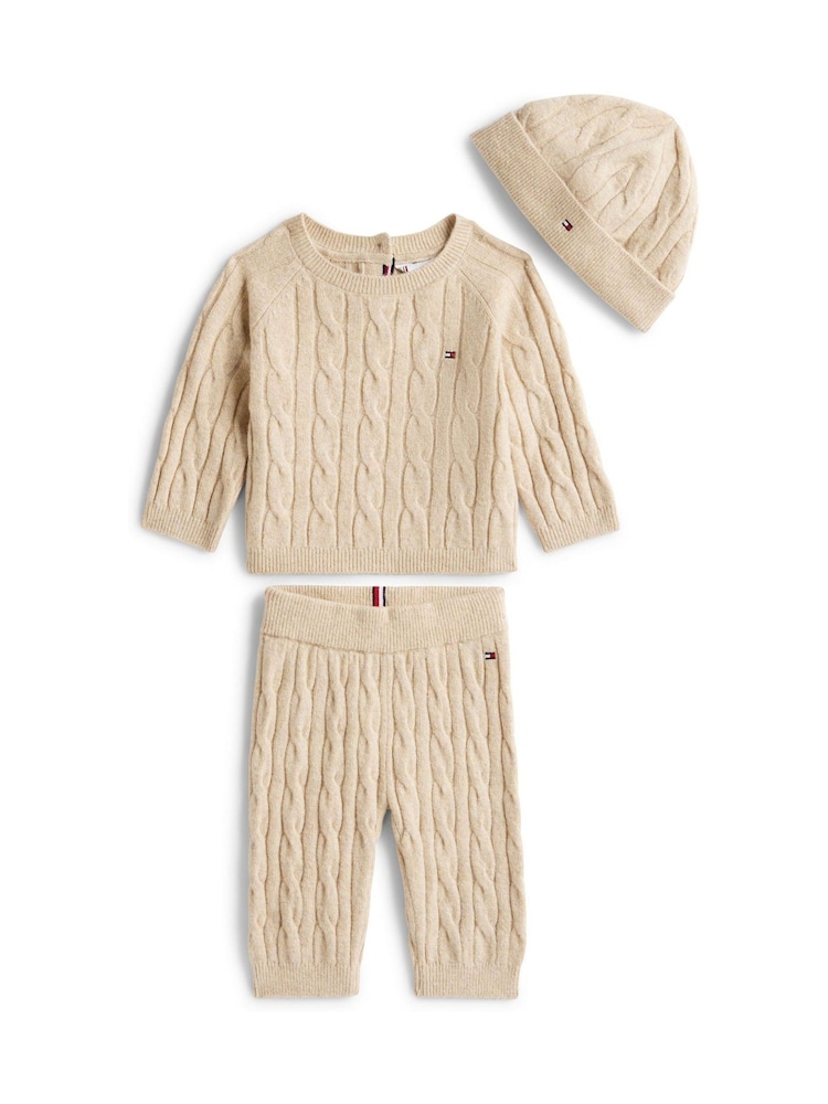 Tommy Hilfiger Cream Cable Knit 3 Piece Outfit Gift Box - Image 1 of 2 Tommy Hilfiger Cream Cable Knit 3 Piece Outfit Gift Box - Image 1 of 2