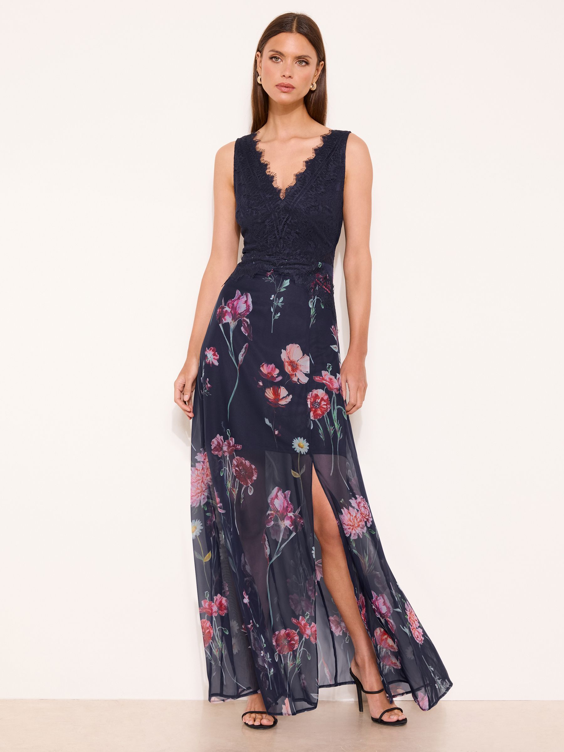Buy Lipsy Navy Blue Floral Print V-Neck Lace Maxi Dress from the Next ...