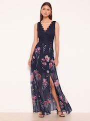 Navy Floral Print V-Neck Lace Maxi Dress - Image 1 of 4
