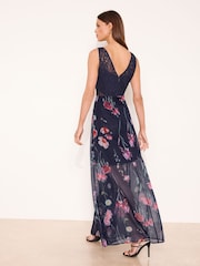 Navy Floral Print V-Neck Lace Maxi Dress - Image 4 of 4