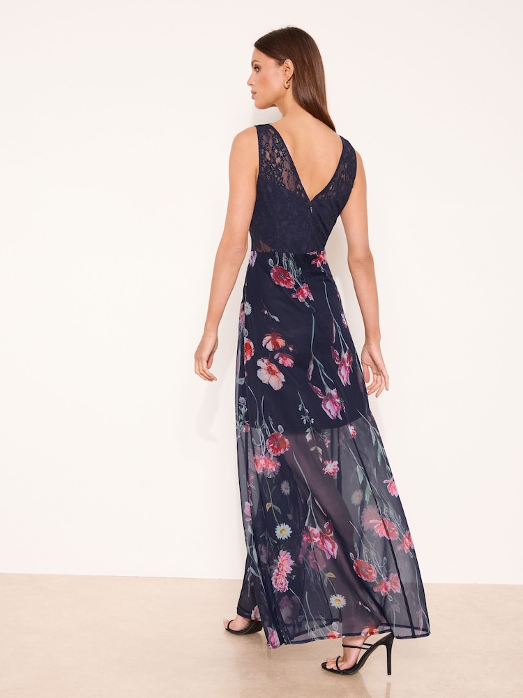 Navy Floral Print V-Neck Lace Maxi Dress - Image 4 of 4